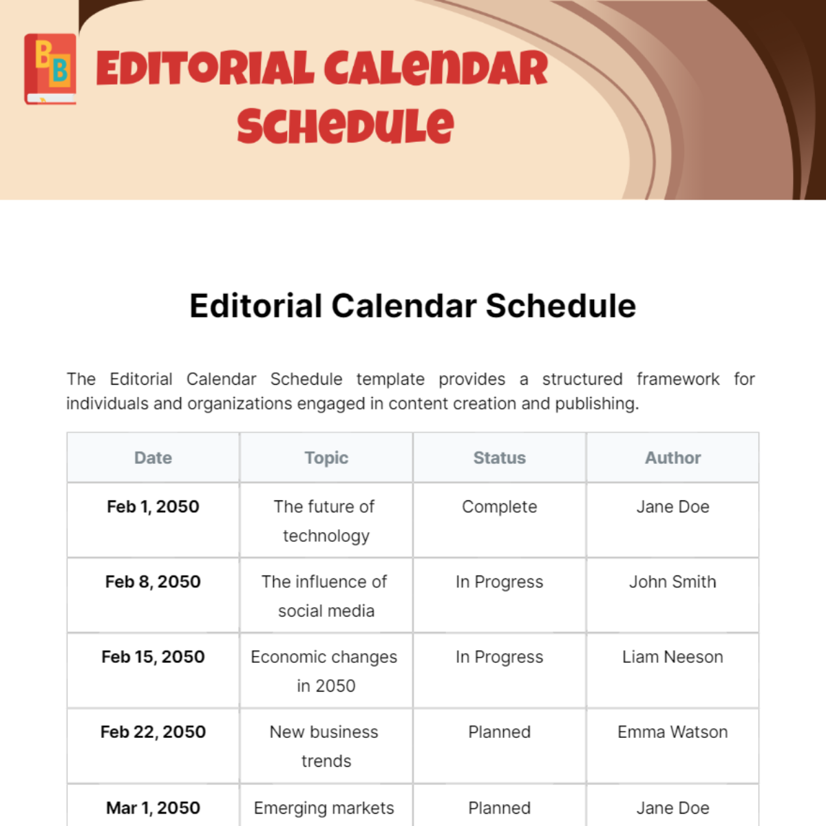 Editorial Calendar Schedule Template
