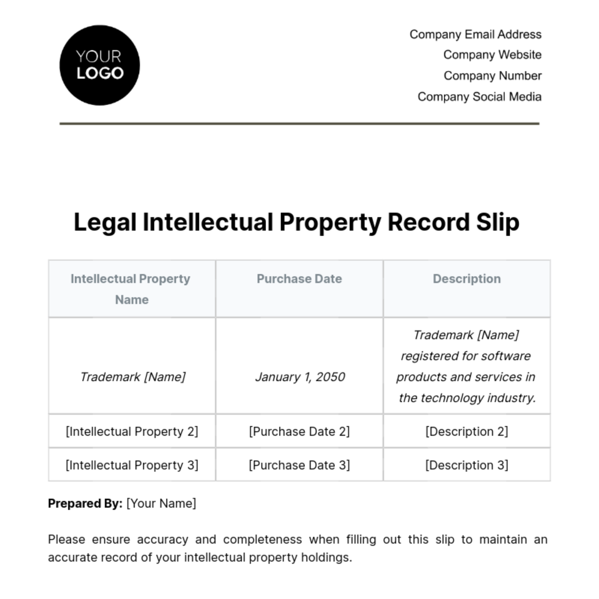 Legal Intellectual Property Record Slip Template