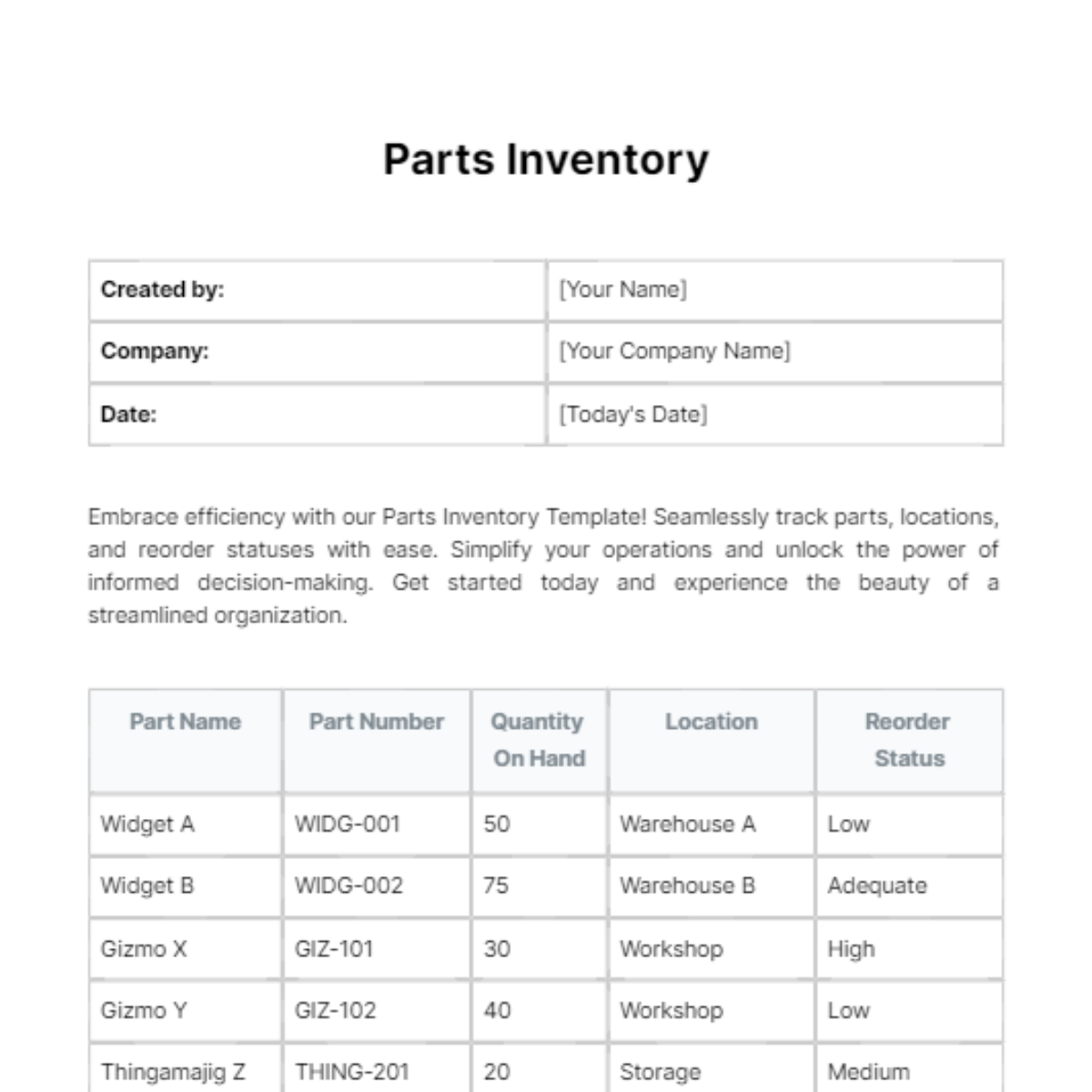 Parts Inventory Template
