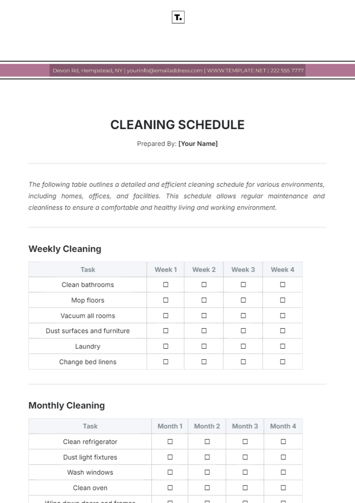 Cleaning Schedule Template - Edit Online & Download