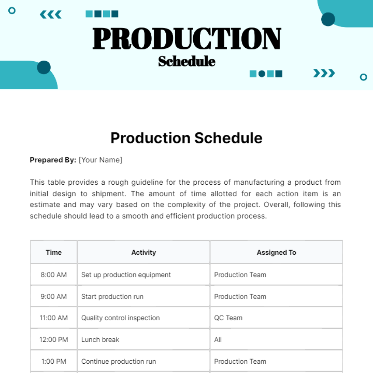 Production Schedule Template