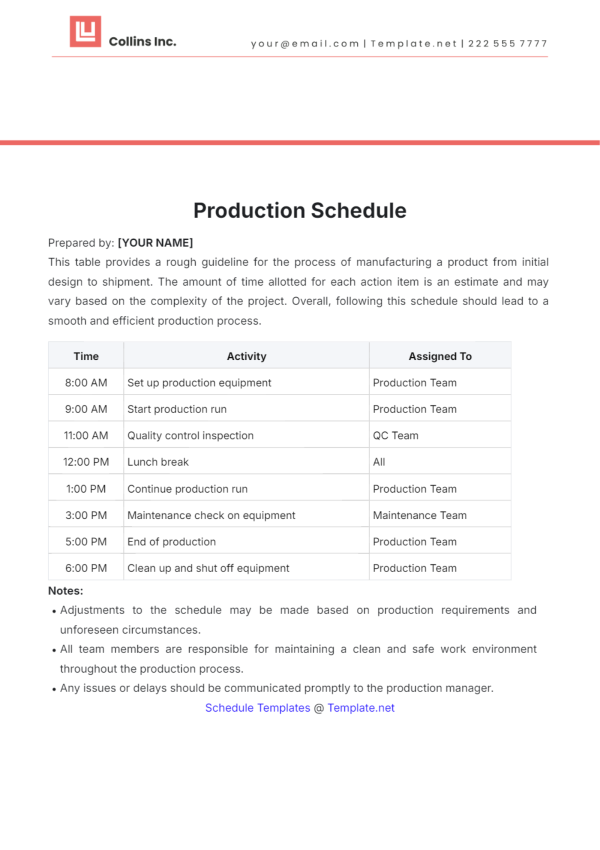 Production Schedule Template