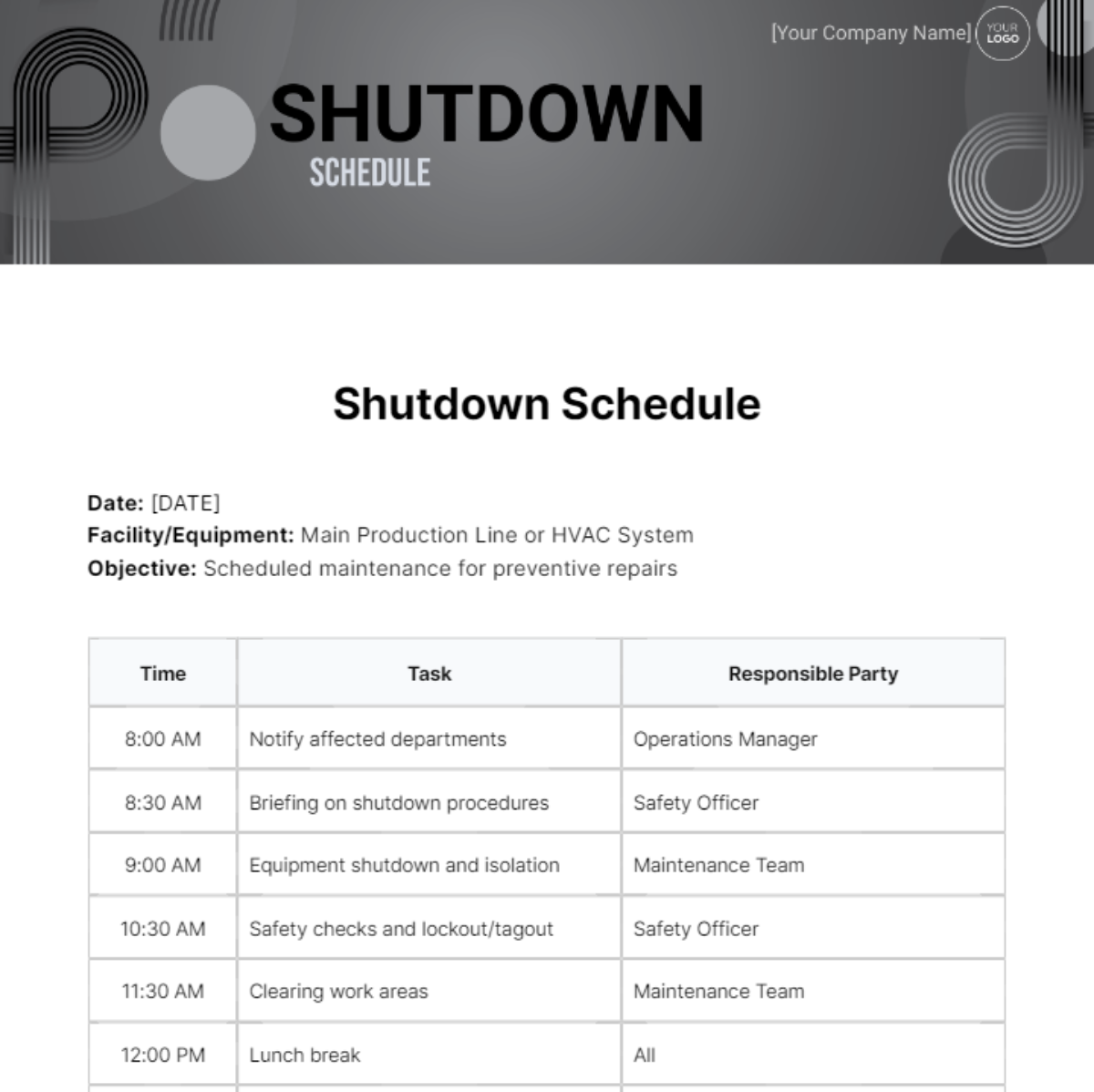 Shutdown Schedule Template