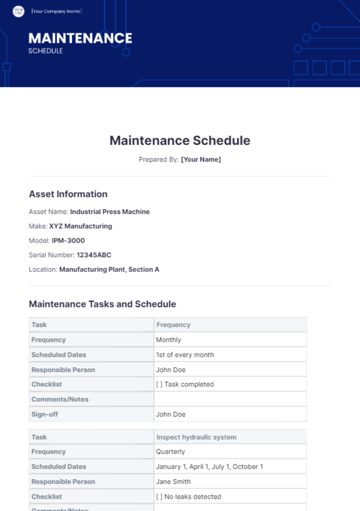 Maintenance Schedule Template - Edit Online & Download