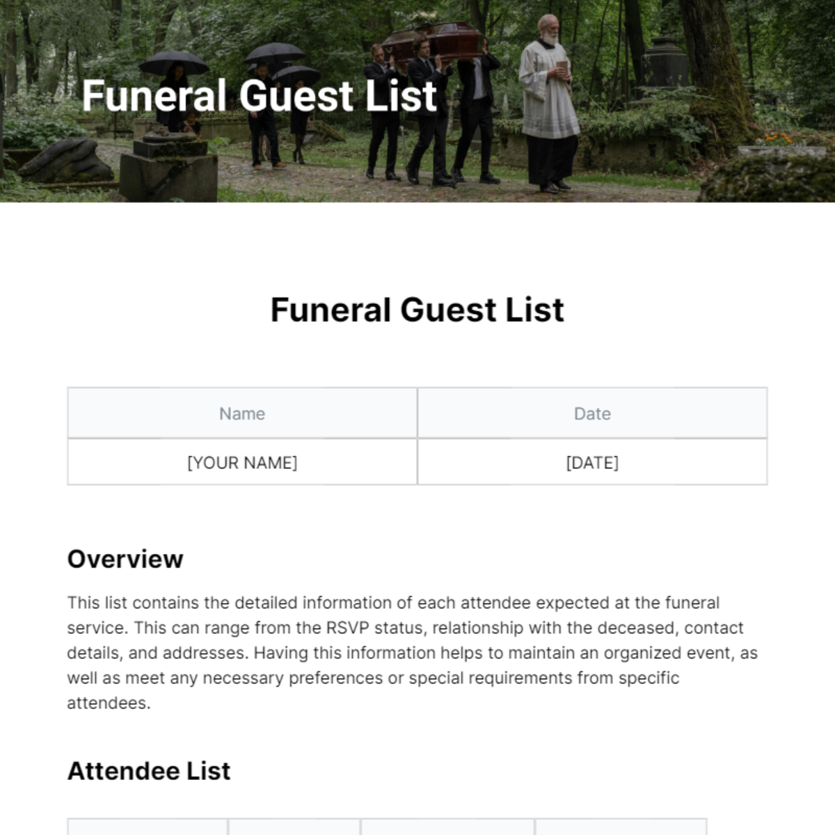 Funeral Guest List Template