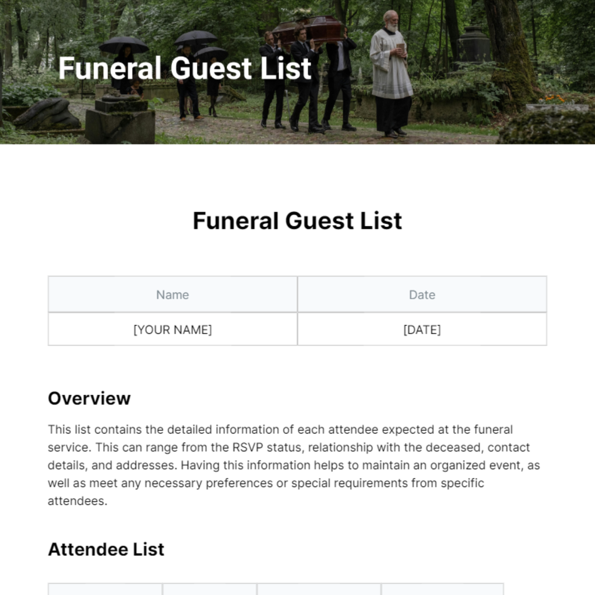 Funeral Guest List Template - Edit Online & Download