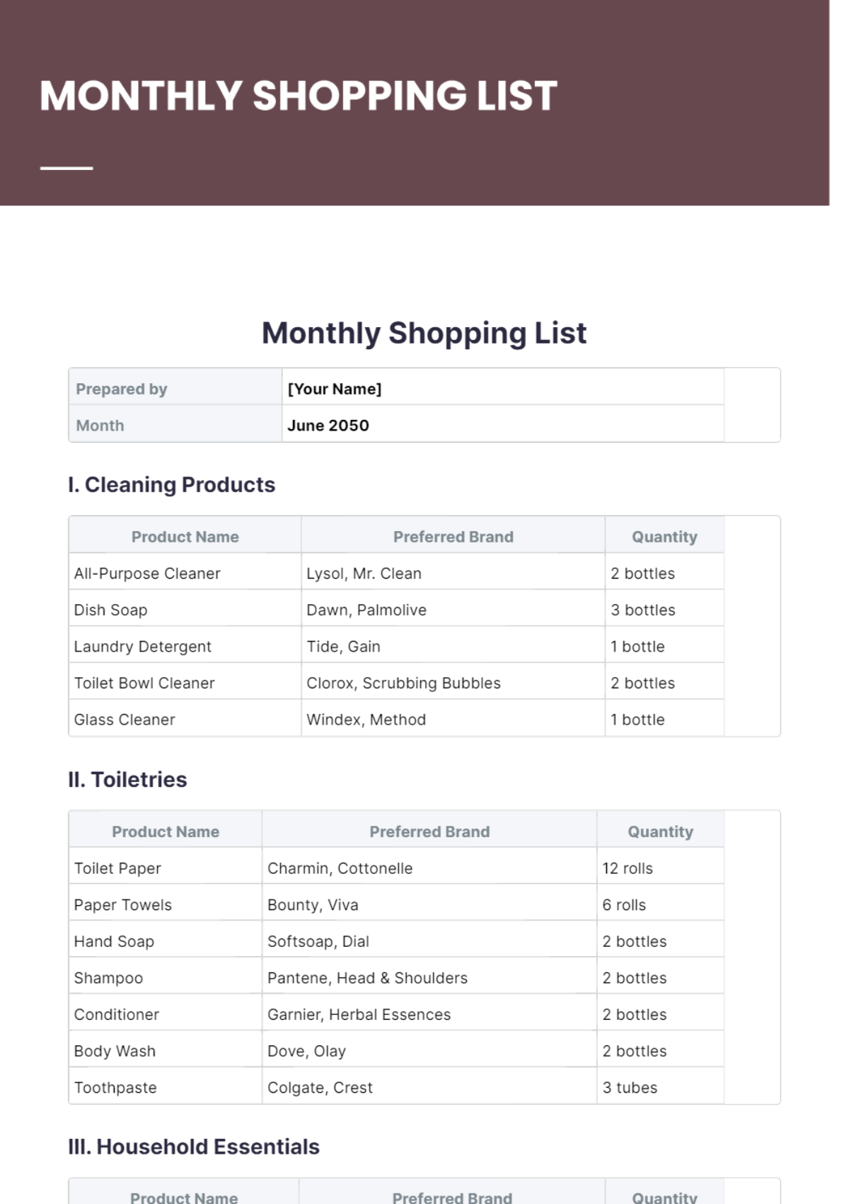 Monthly Shopping List Template - Edit Online & Download