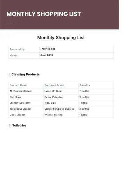 Free Monthly Shopping List Template to Edit Online