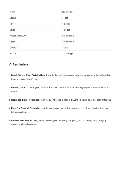 Free Monthly Shopping List Template to Edit Online