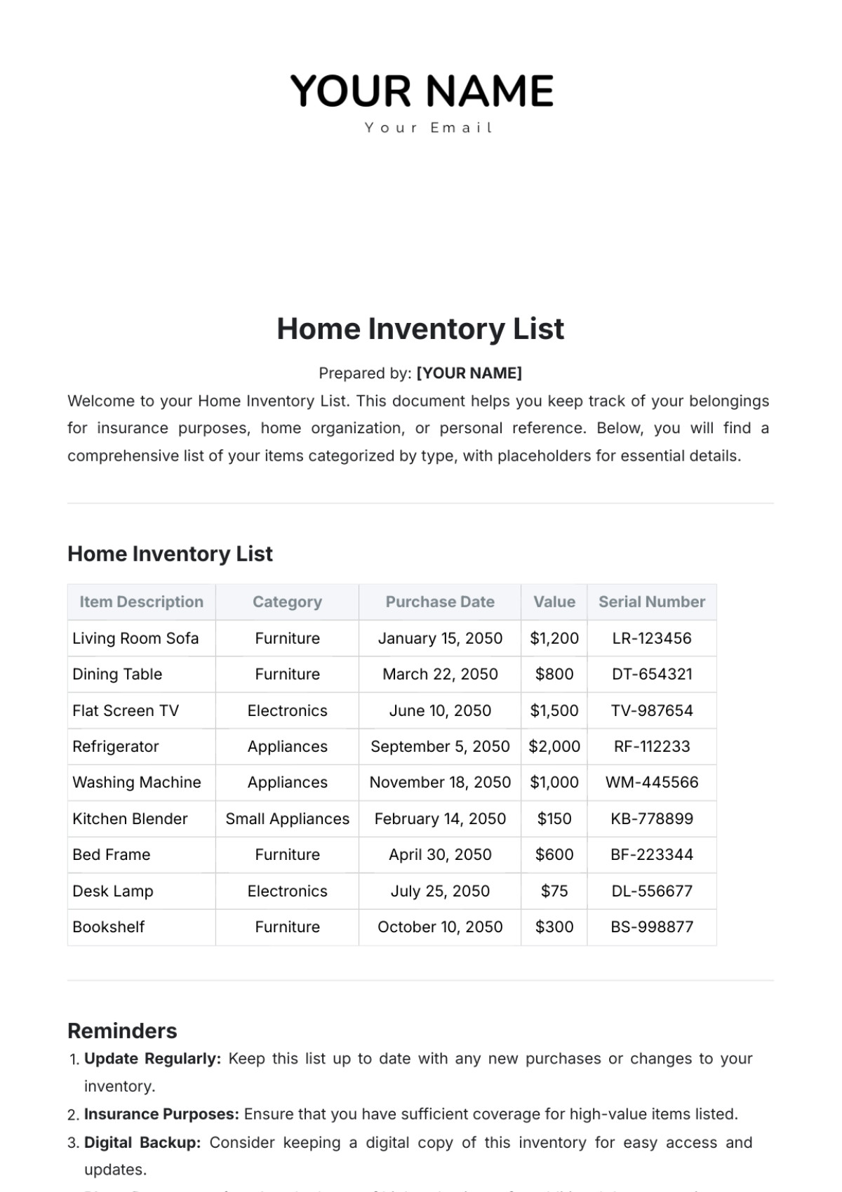 Home Inventory List Template