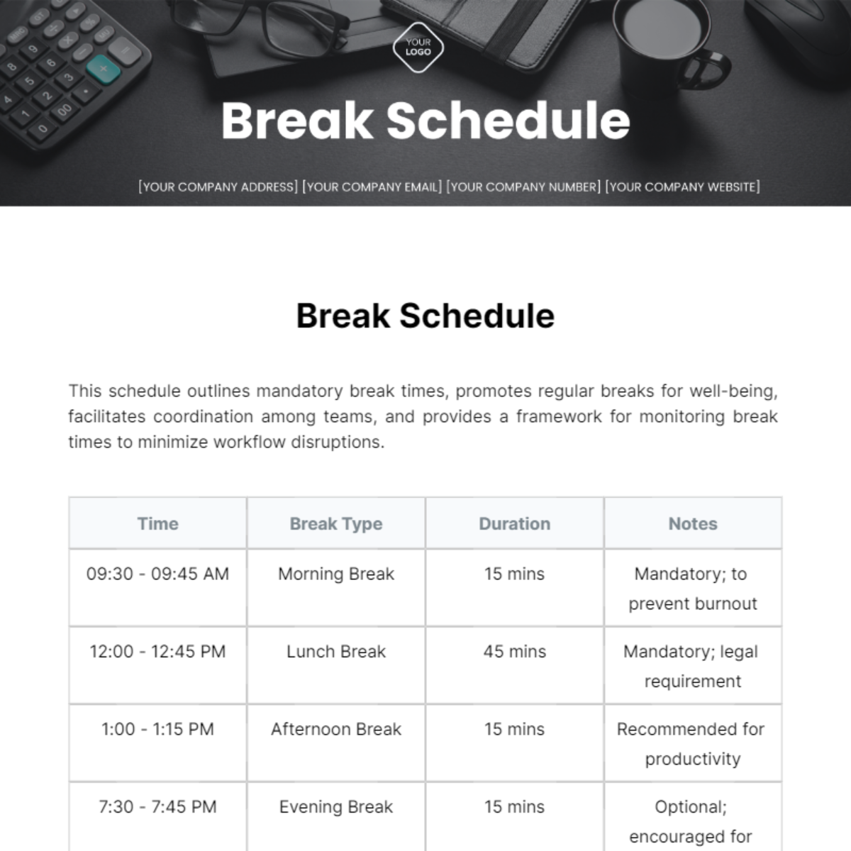 Break Schedule Template