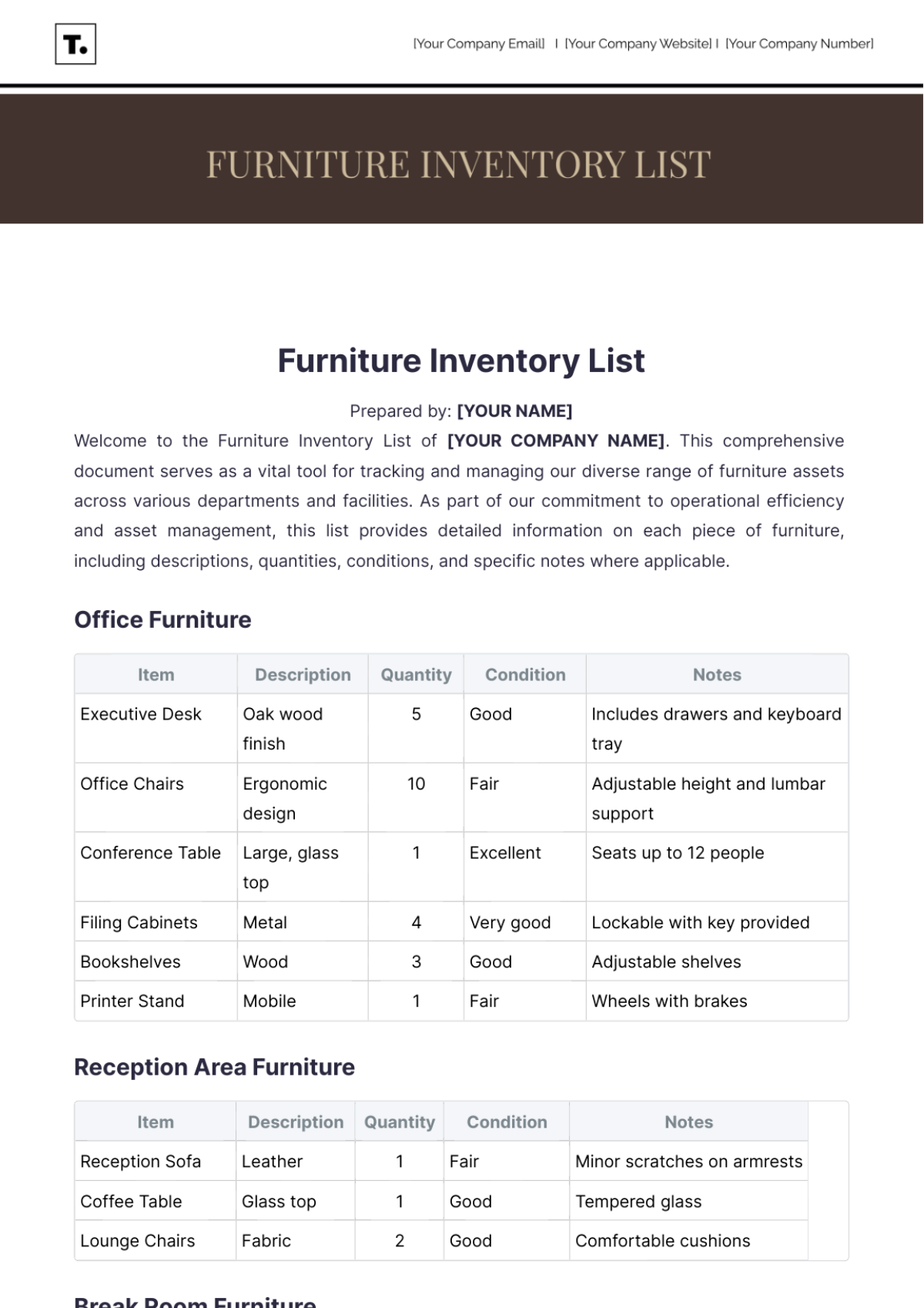 Free Furniture Inventory List Template to Edit Online