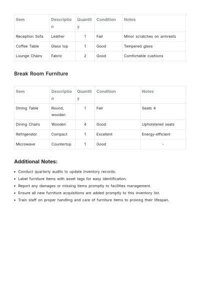 Free Furniture Inventory List Template to Edit Online