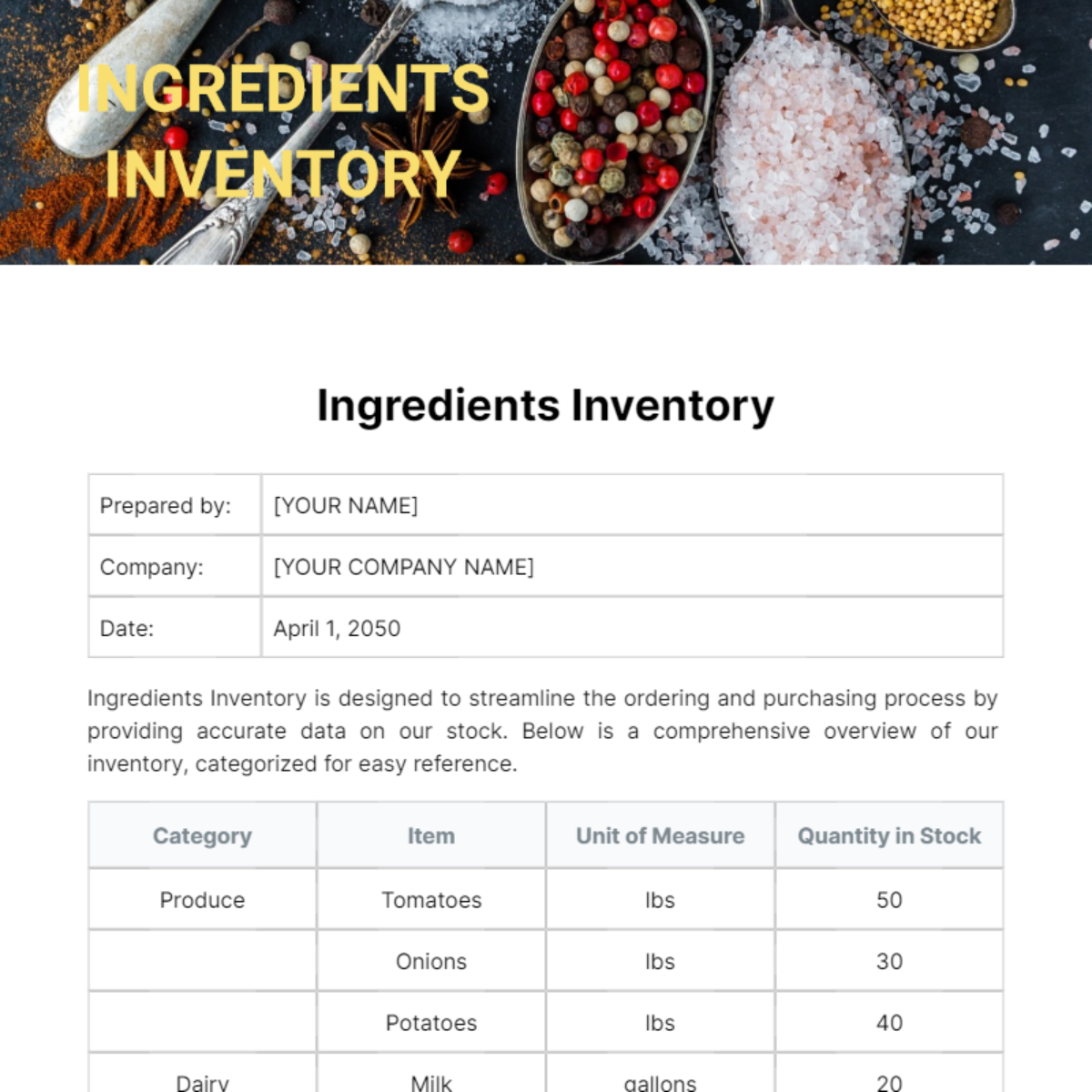 Ingredients Inventory Template