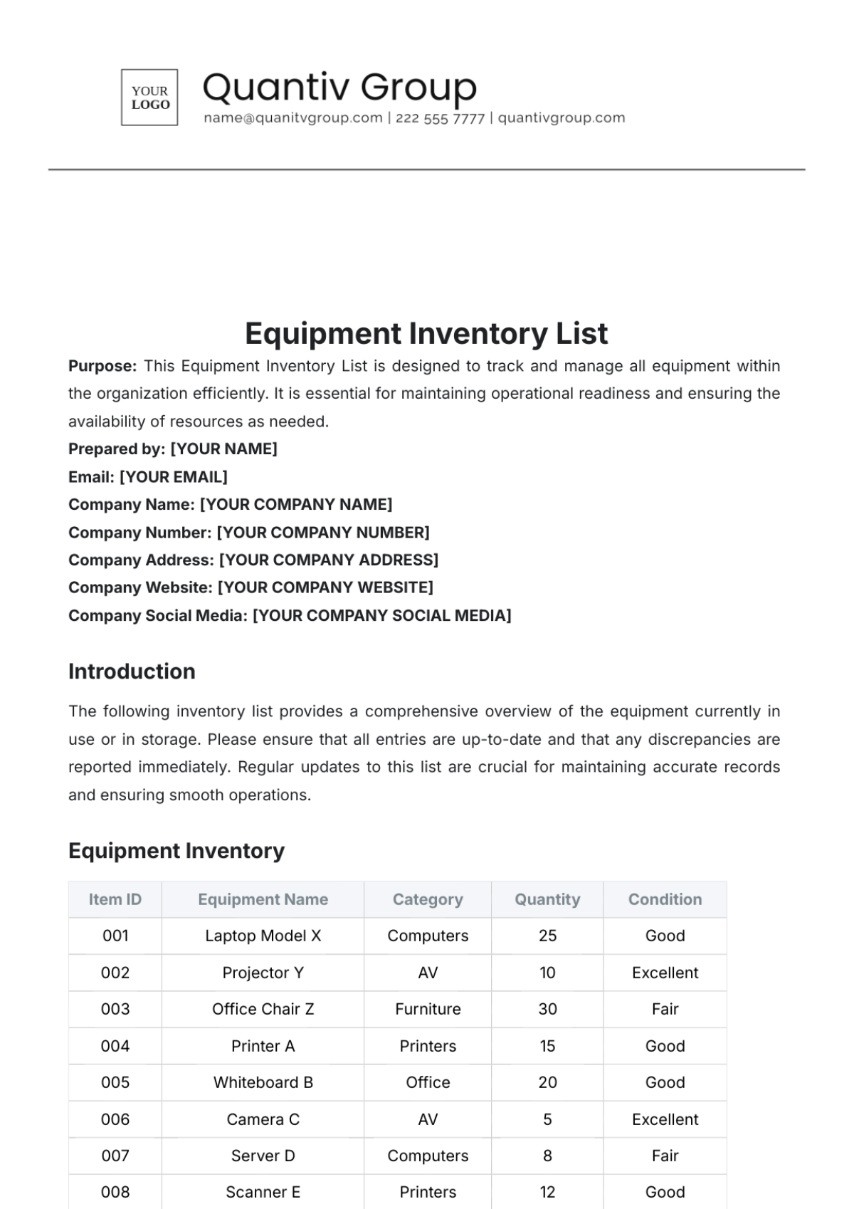 Equipment Inventory List Template