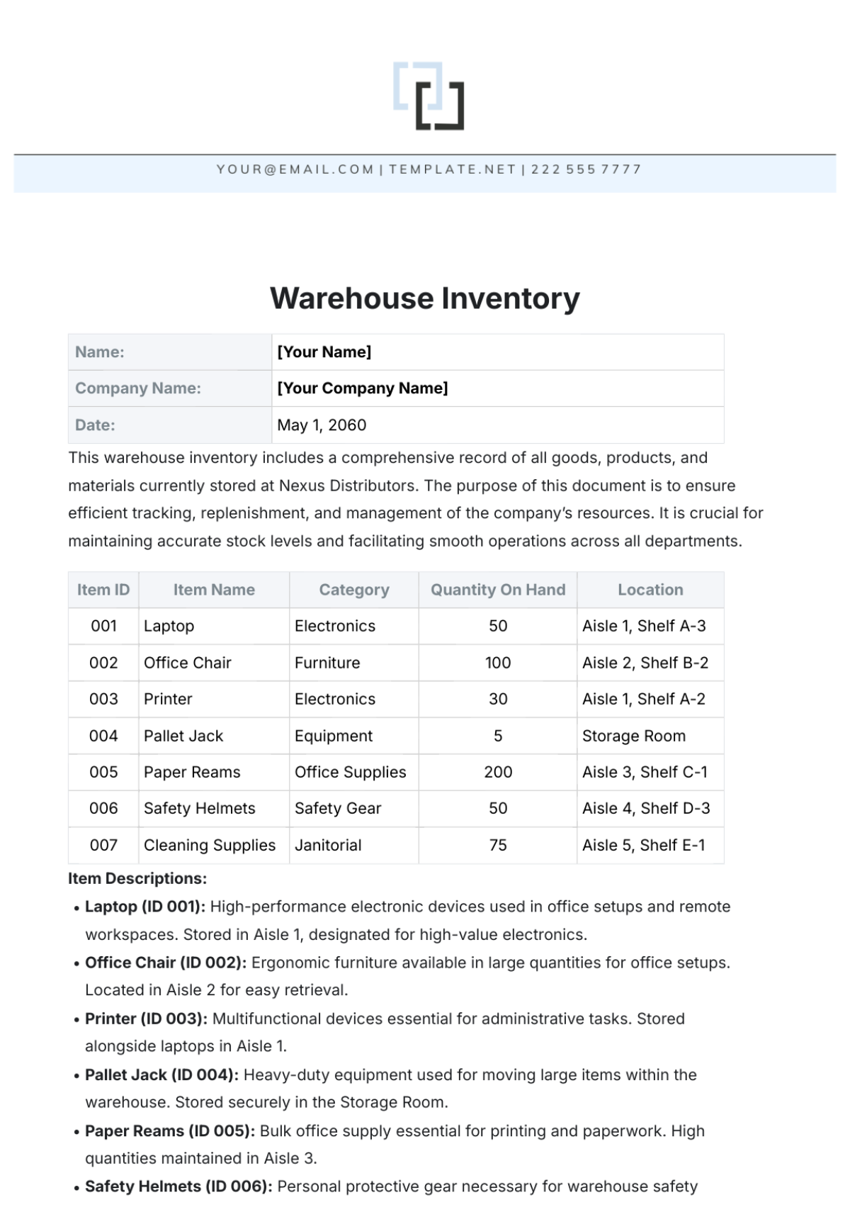 Warehouse Inventory Template