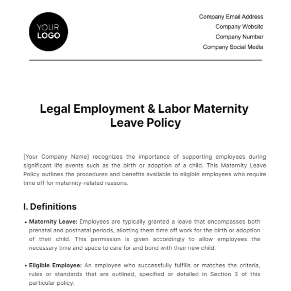 Free Legal Employment & Labor Maternity Leave Policy Template