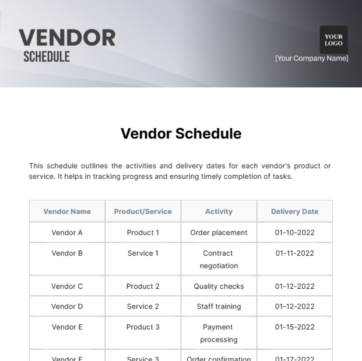 Vendor Schedule Template