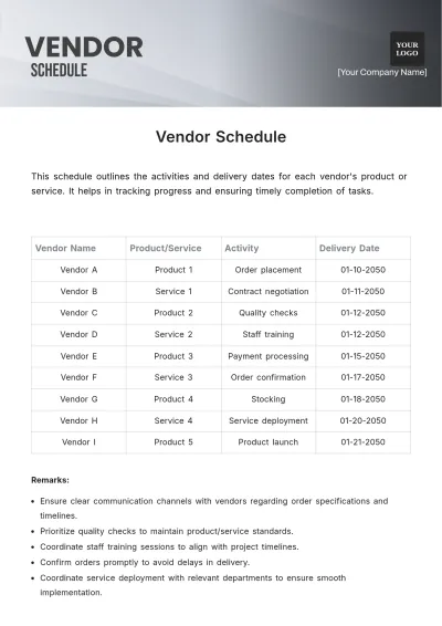 Free Vendor Schedule Template to Edit Online