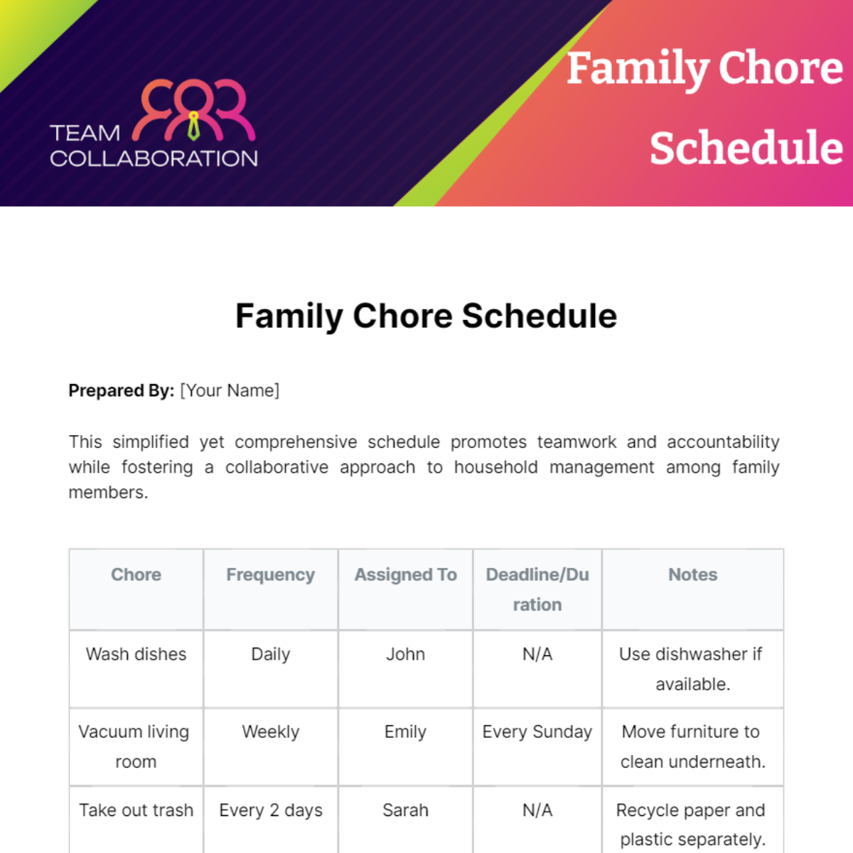 Family Chore Schedule Template