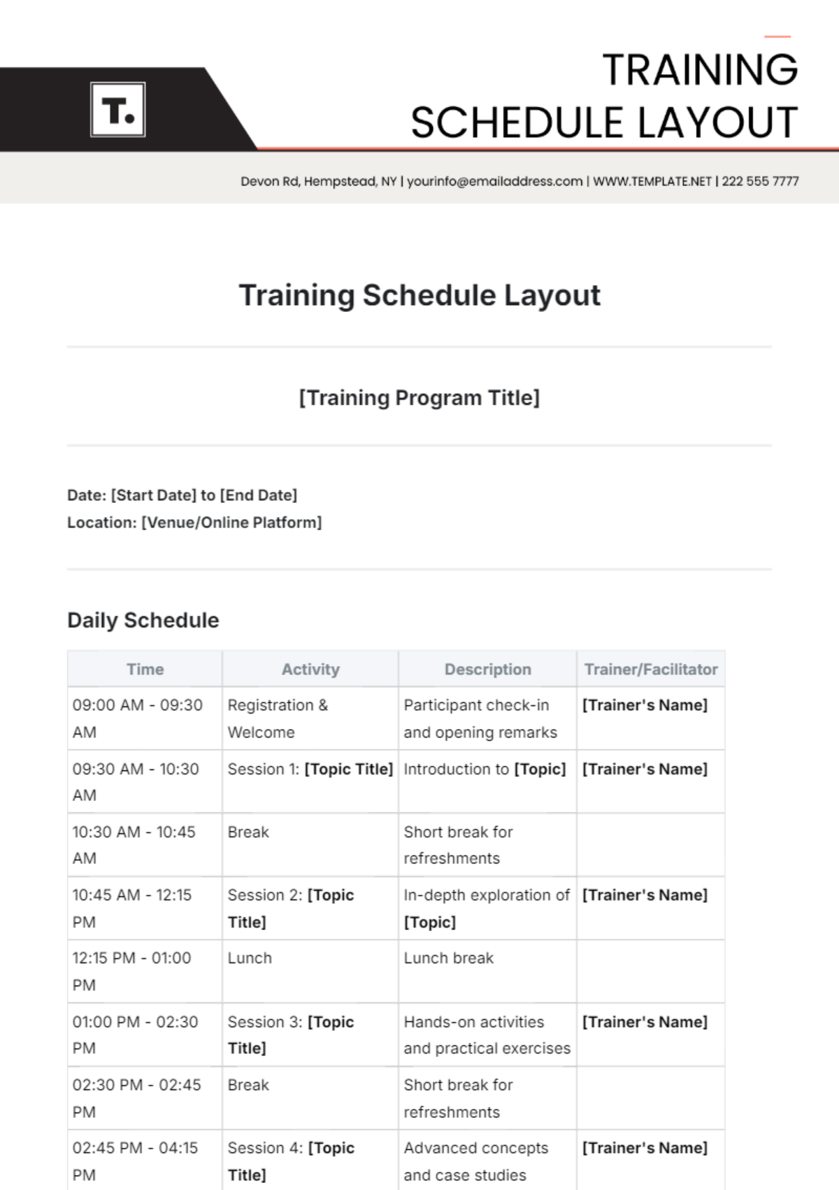 Training Schedule Layout Template