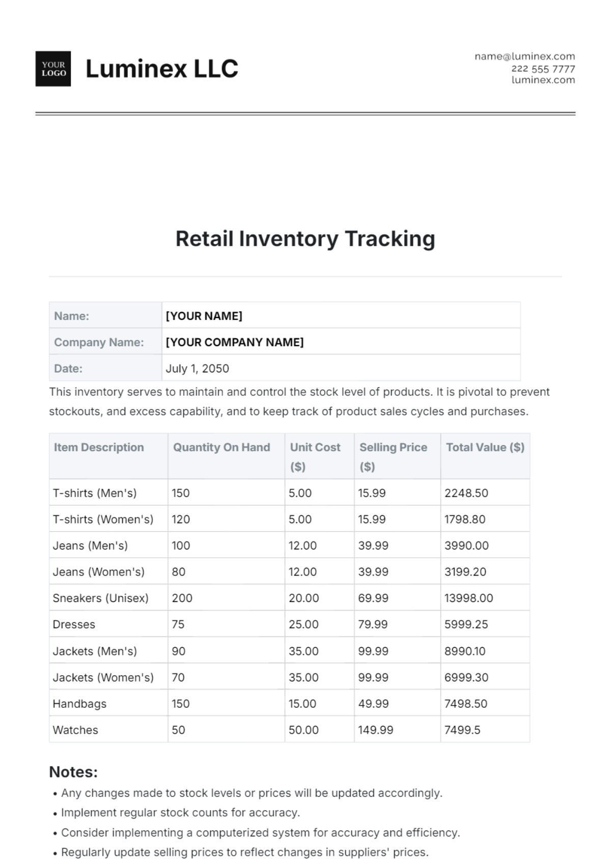 Retail Inventory Tracking Template