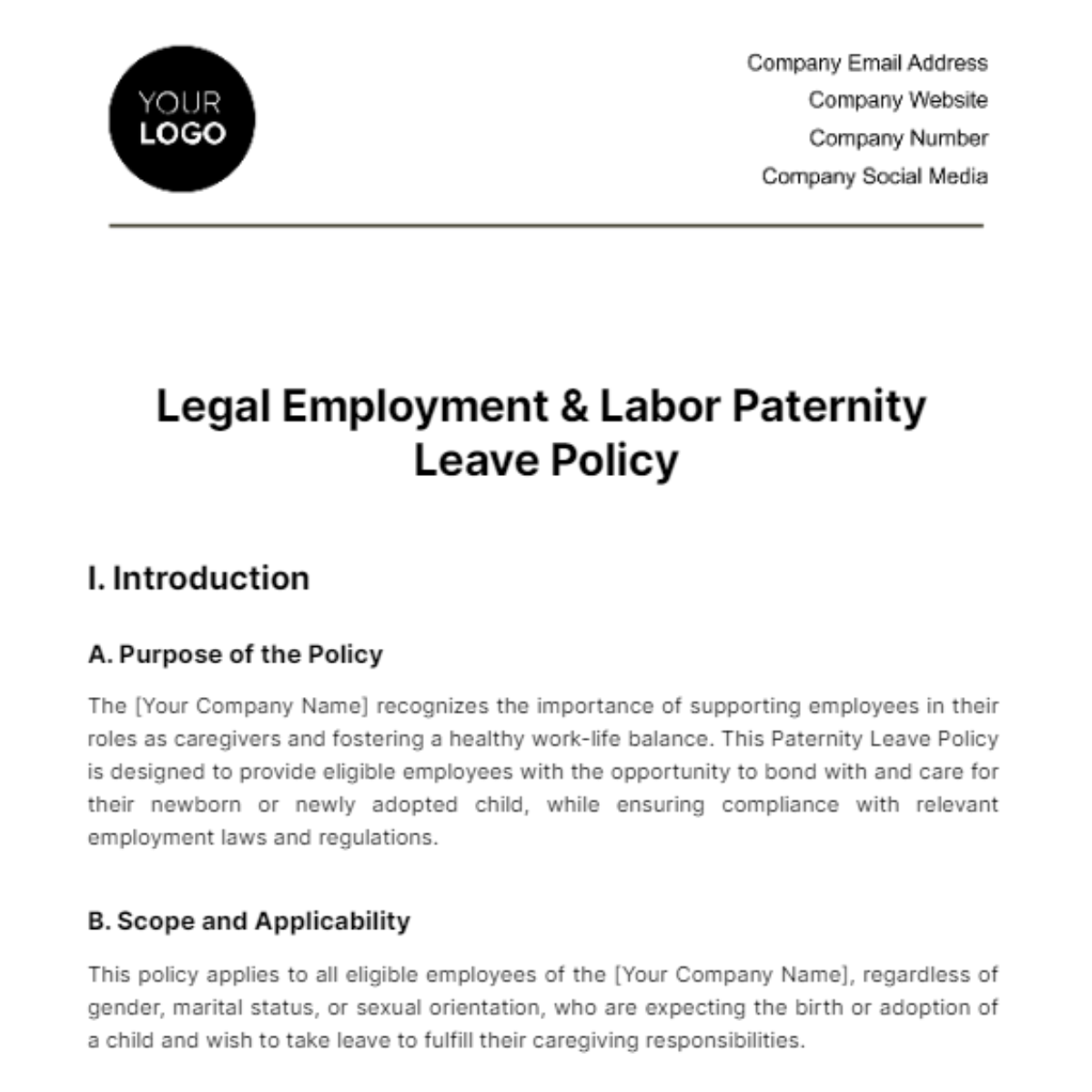 Free Legal Employment & Labor Paternity Leave Policy Template