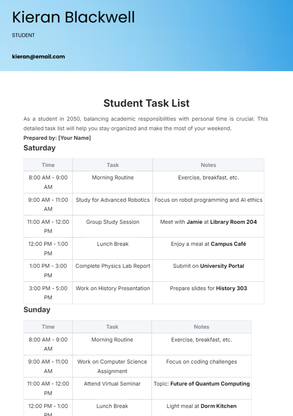 Student Task List Template