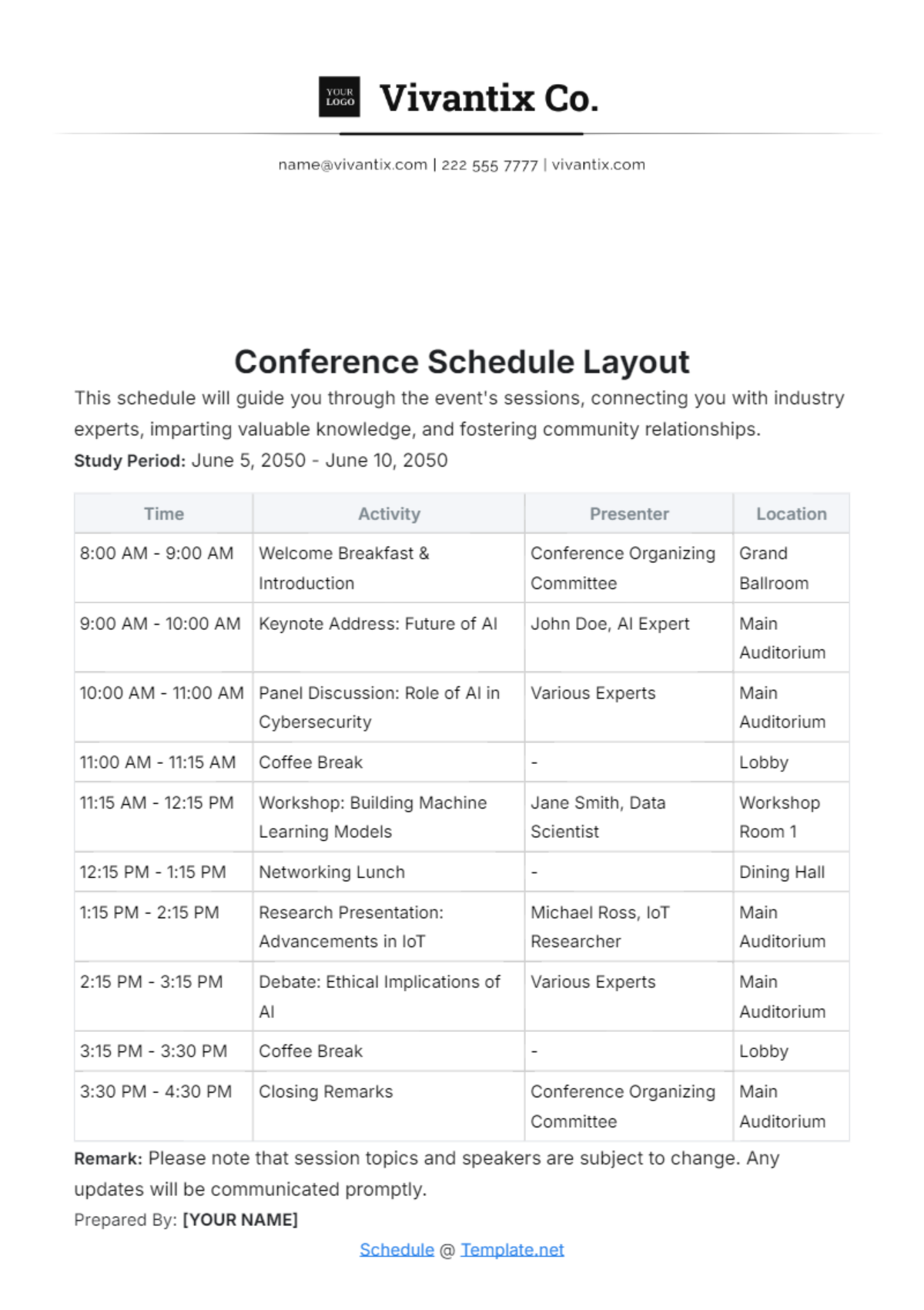 Conference Schedule Layout Template | Template.net