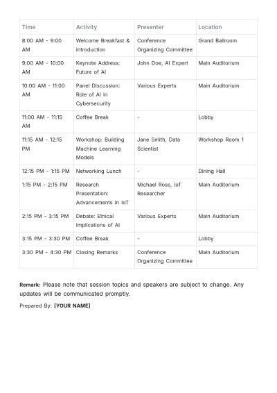 Free Conference Schedule Layout Template to Edit Online