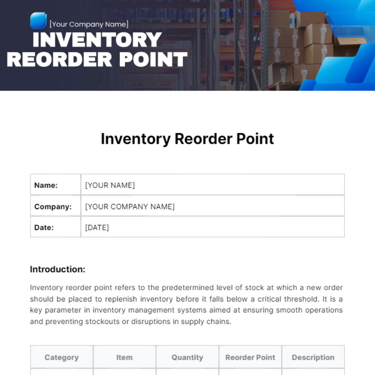 Inventory Reorder Point Template