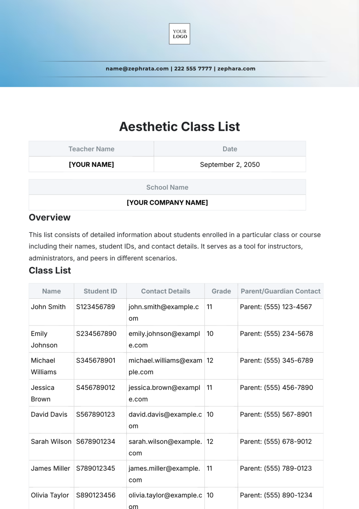 Aesthetic Class List Template - Edit Online & Download