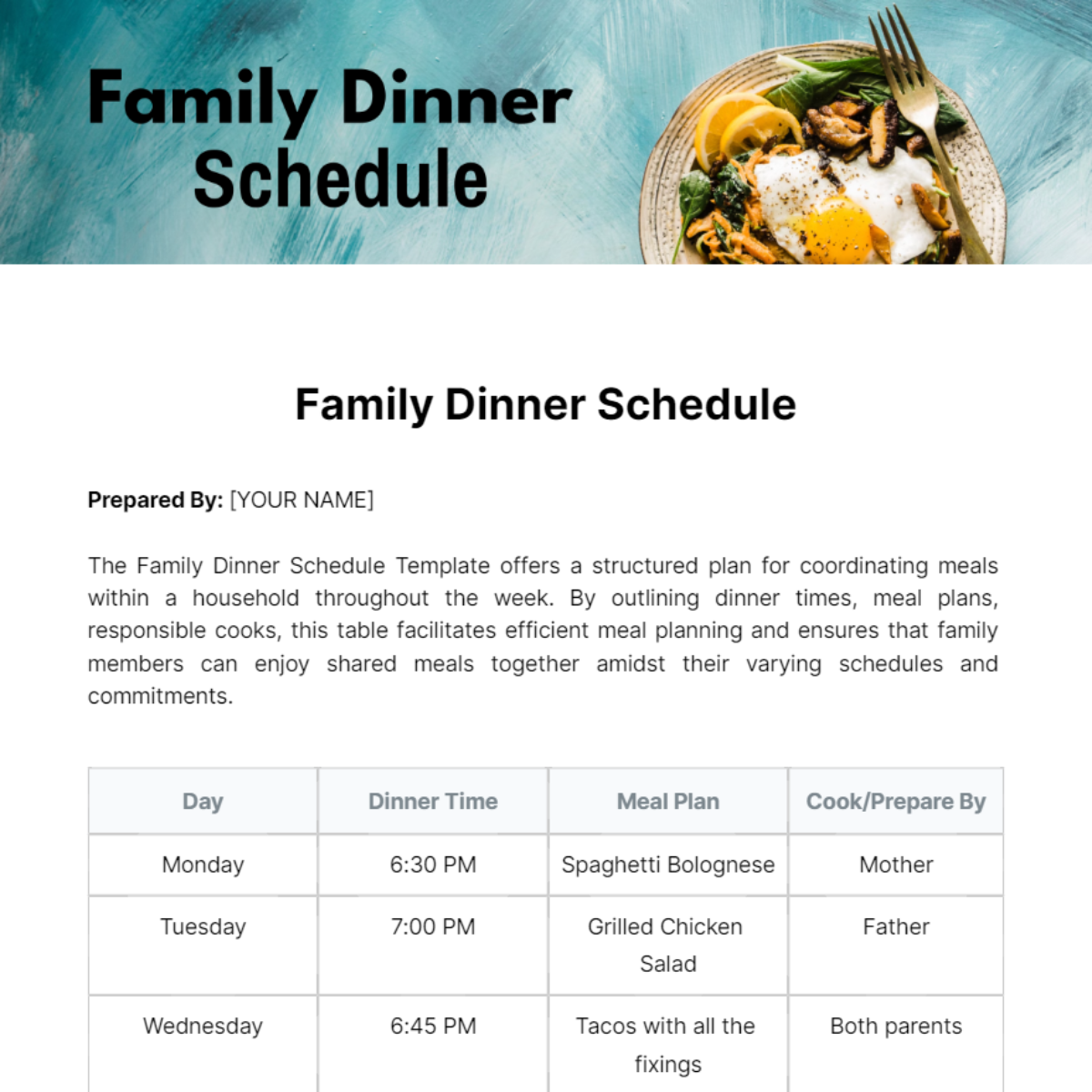 Free Family Dinner Schedule Template