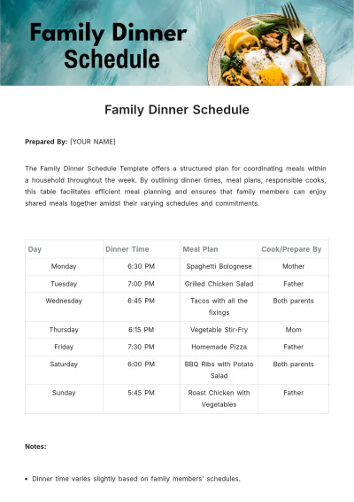 Free Family Dinner Schedule Template to Edit Online