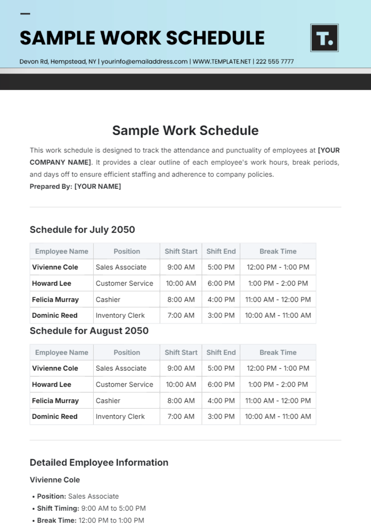 Sample Work Schedule Template