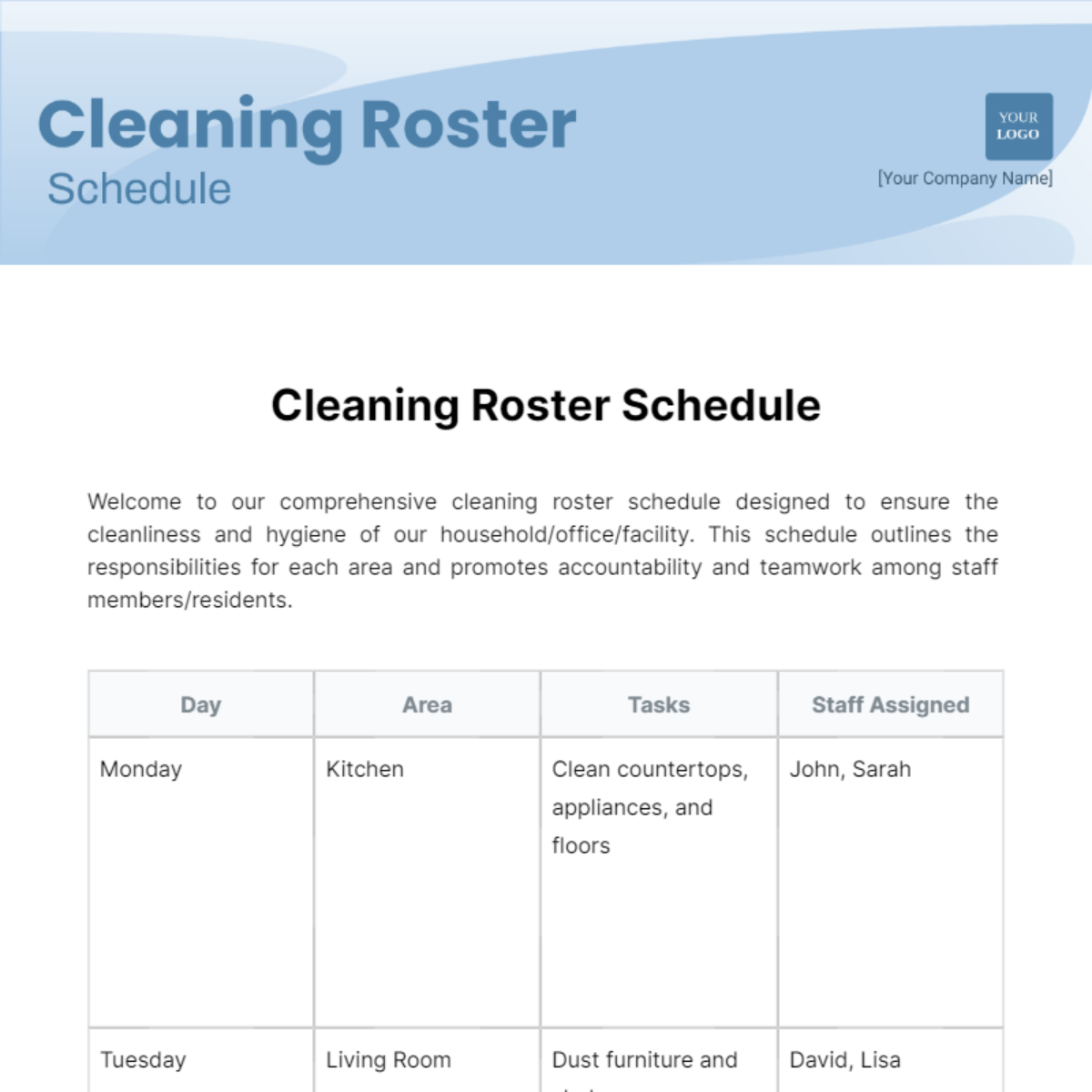 Cleaning Roster Schedule Template