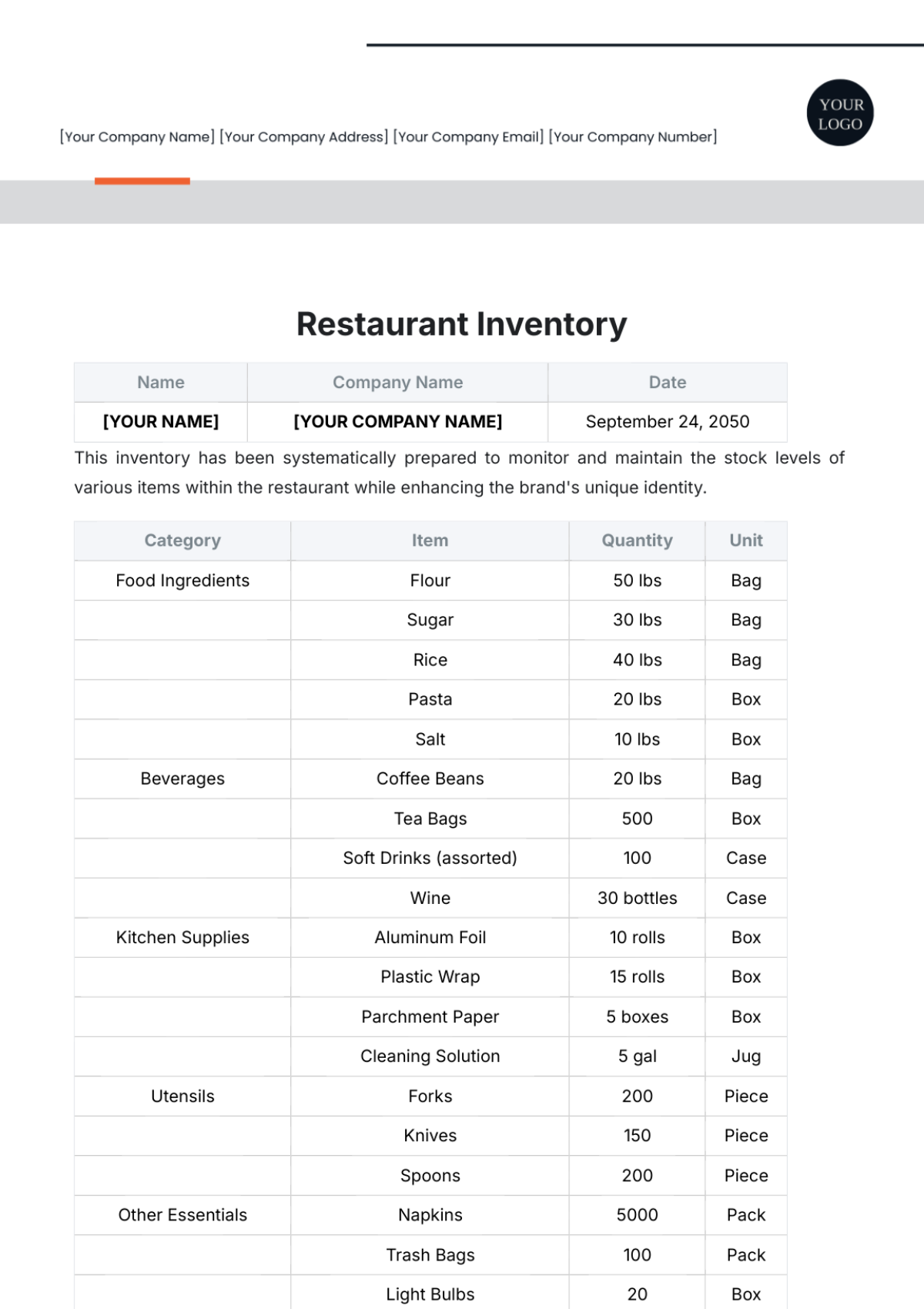 Restaurant Inventory Template - Edit Online & Download