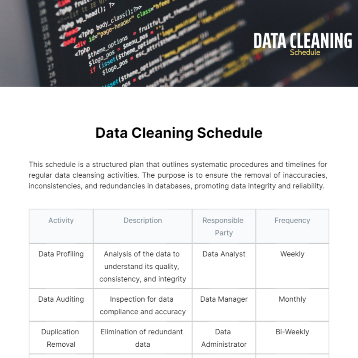 Data Cleaning Schedule Template