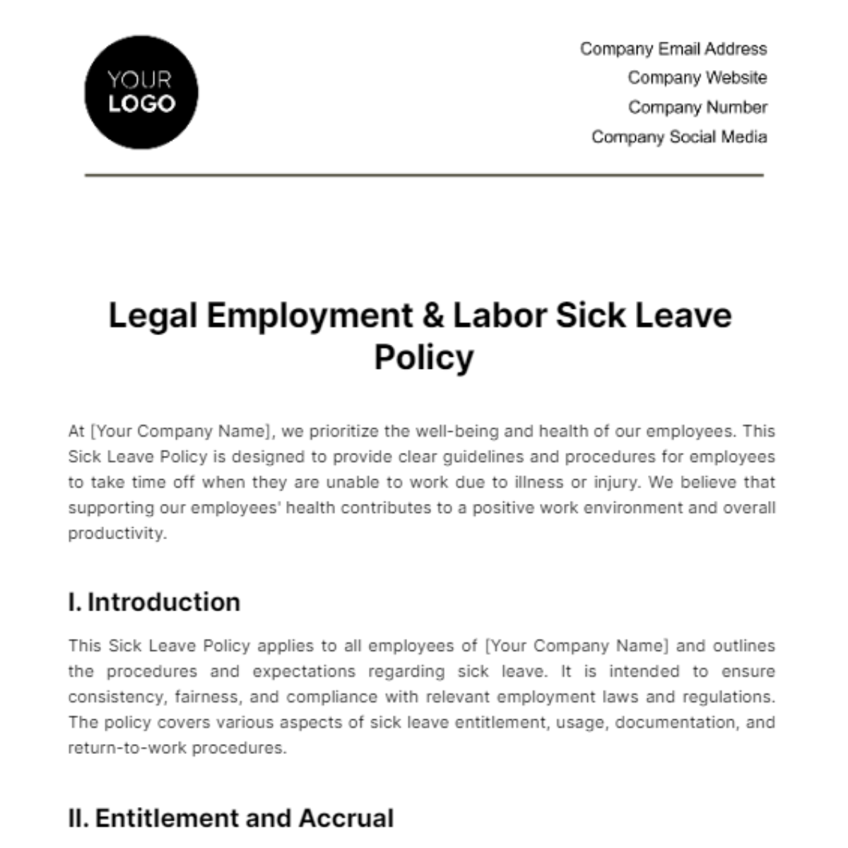 Legal Employment & Labor Sick Leave Policy Template
