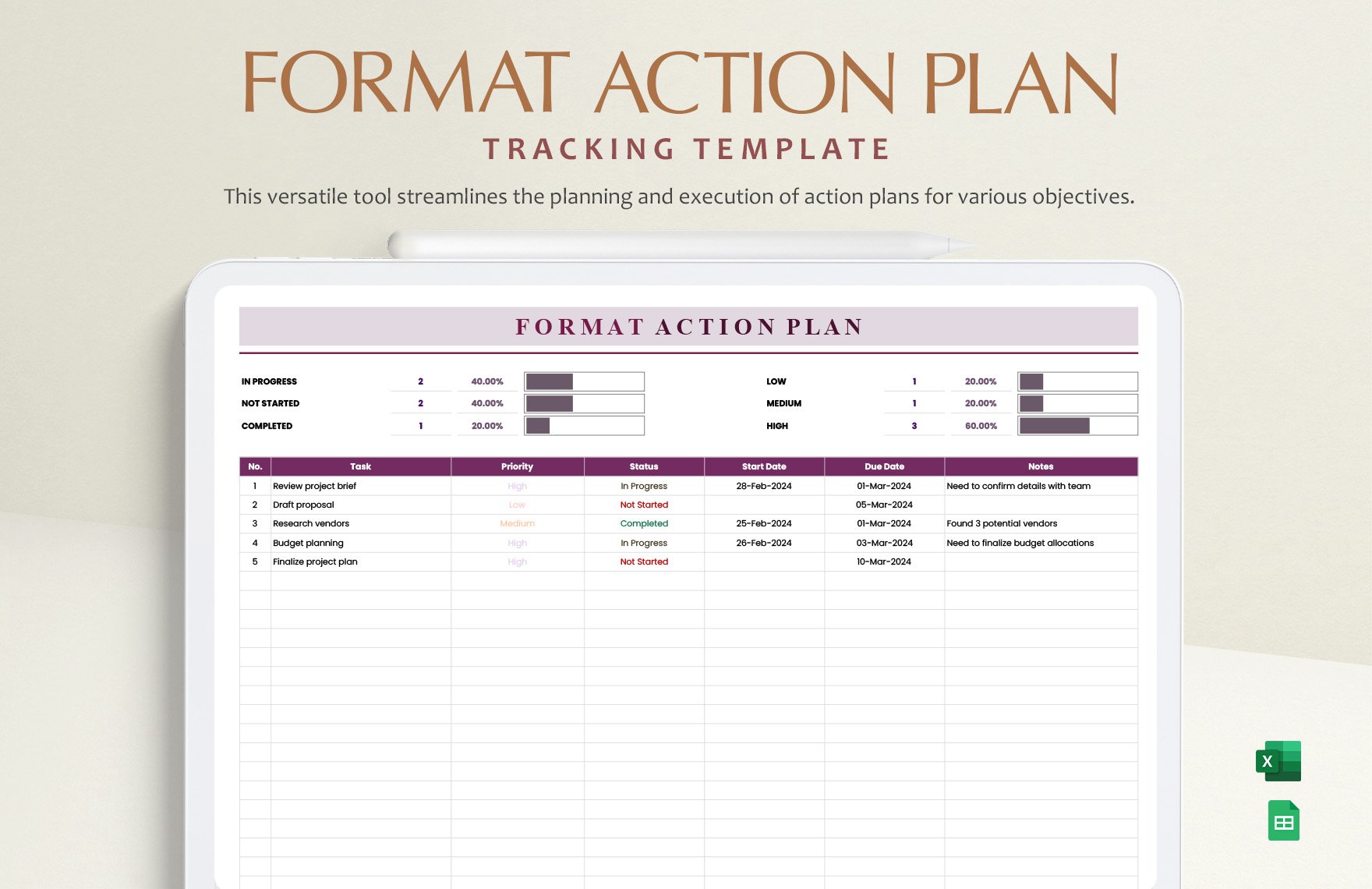 Free Format Action Plan Template in Excel, Google Sheets