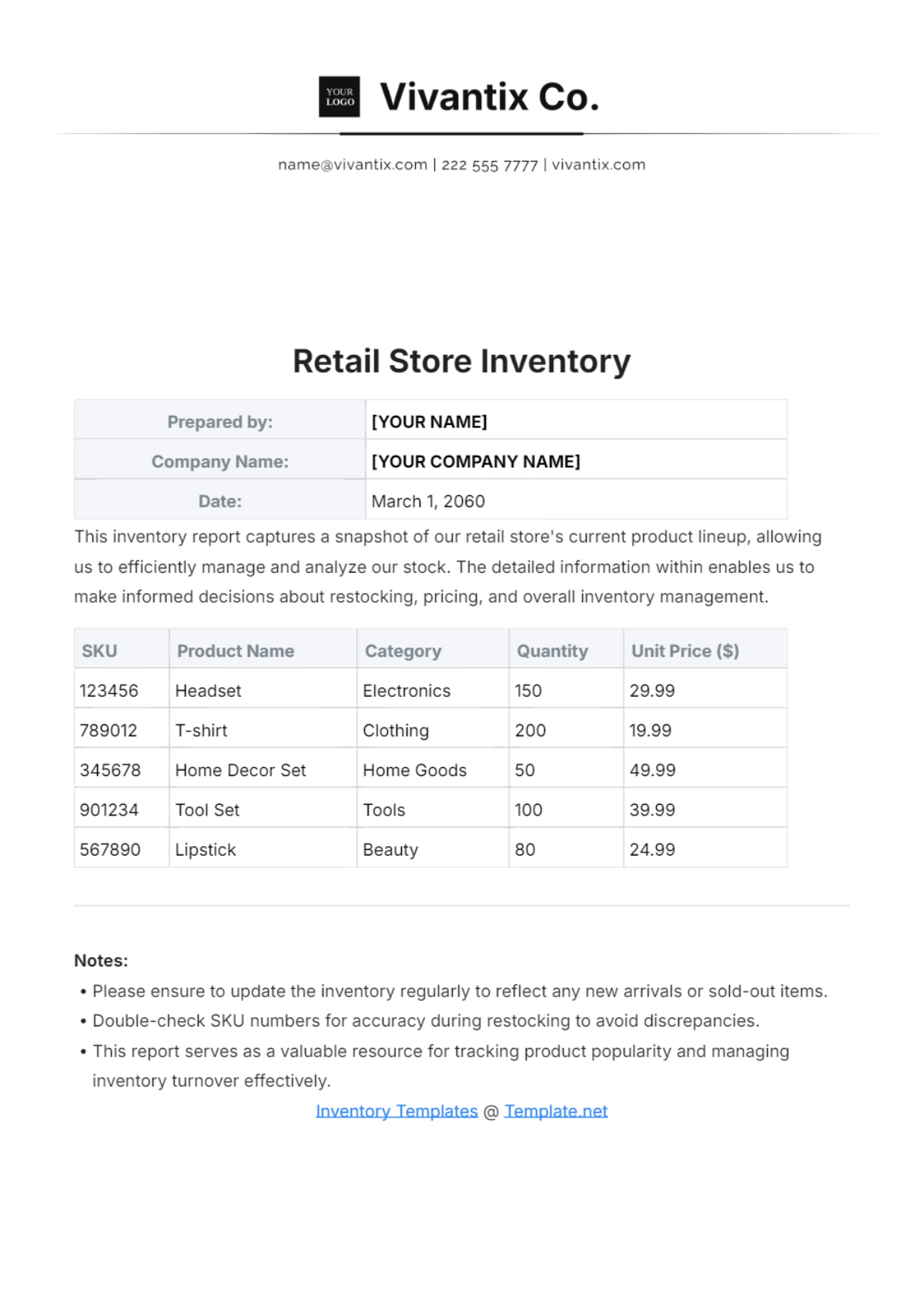 Simple Retail Store Inventory Template