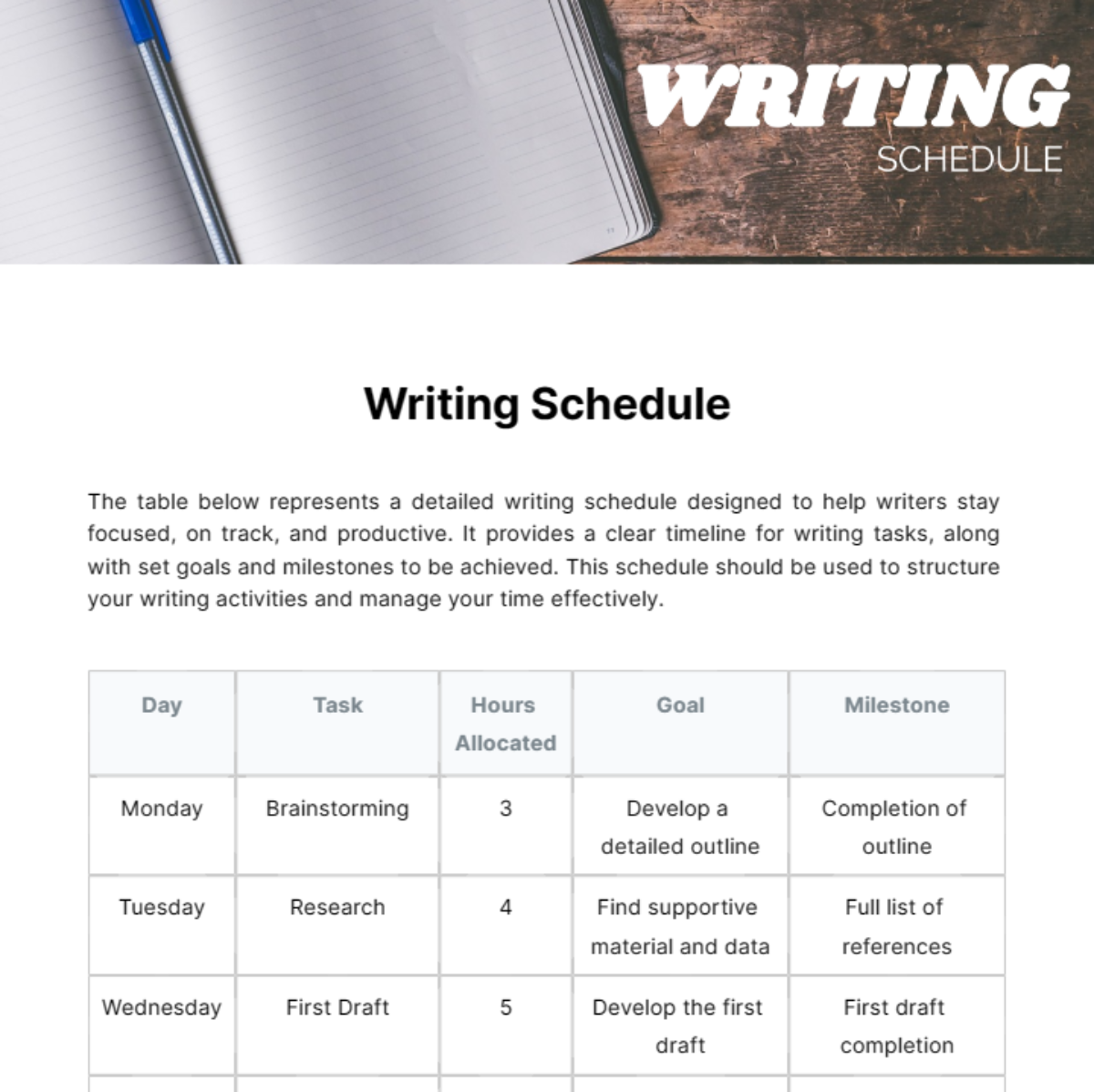 Writing Schedule Template