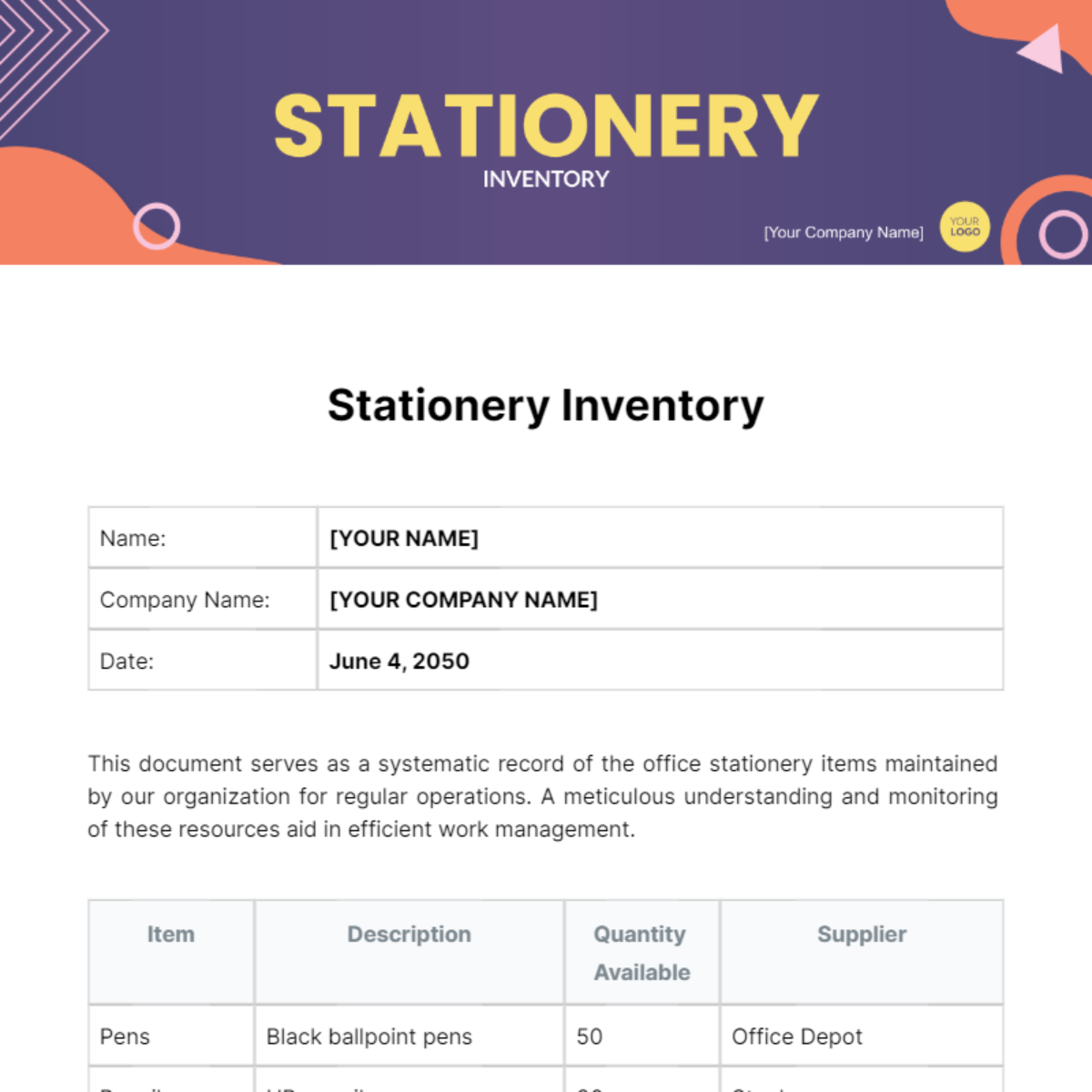 Stationery Inventory Template