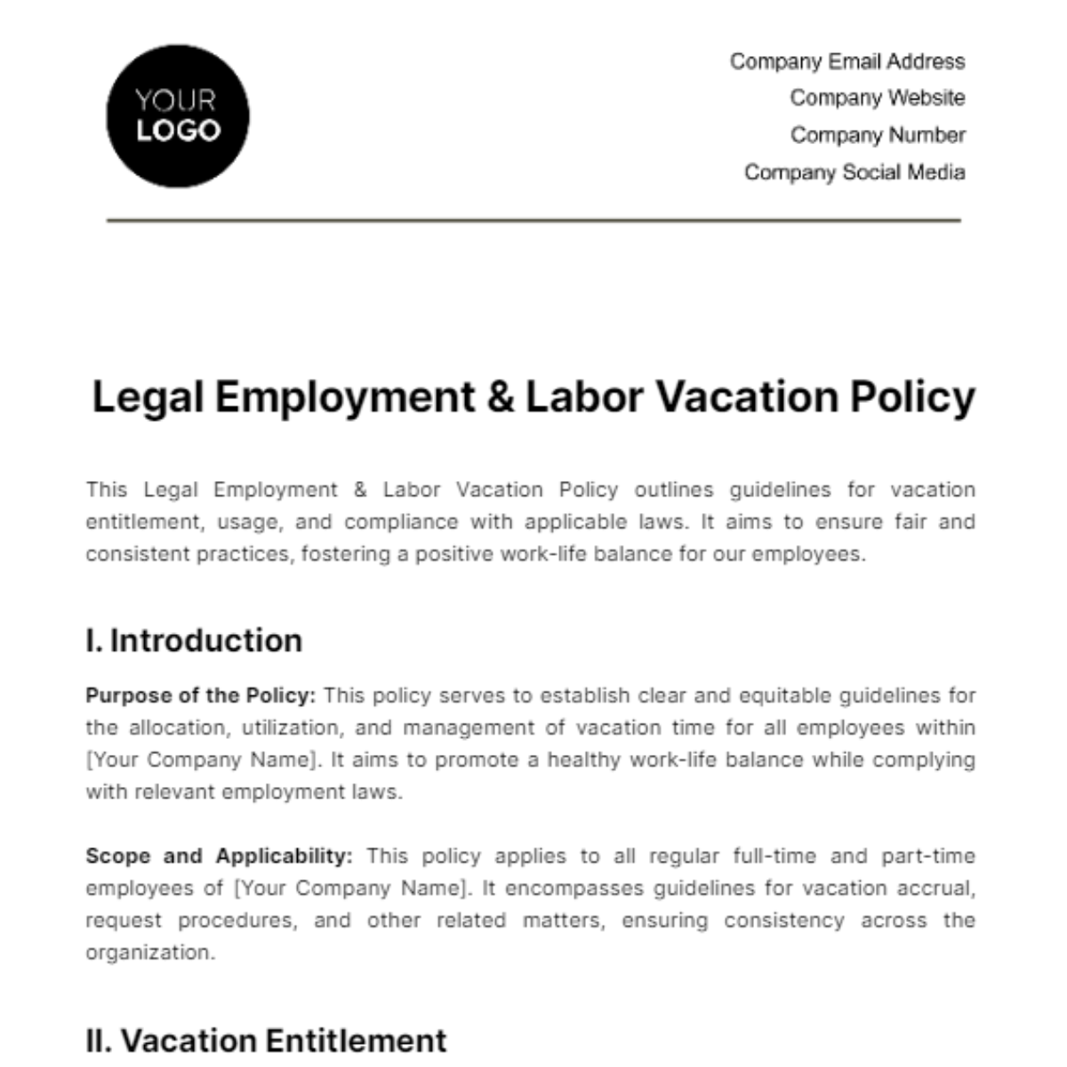 Legal Employment & Labor Vacation Policy Template