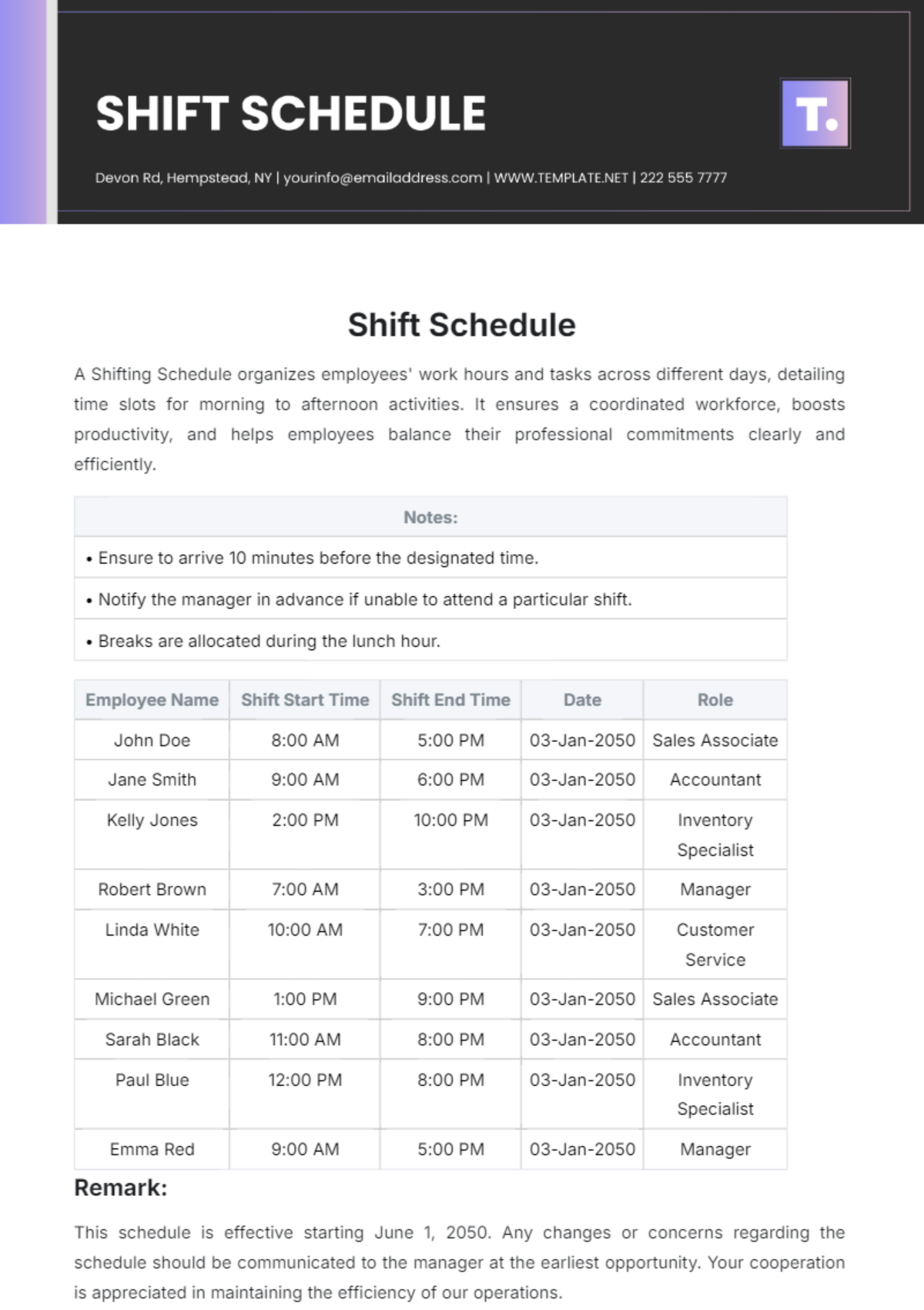 Shift Schedule Template