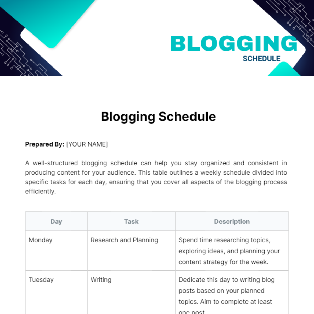 Blogging Schedule Template