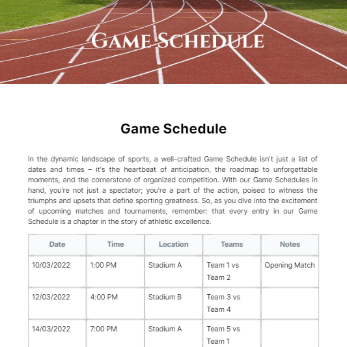 Game Schedule Template