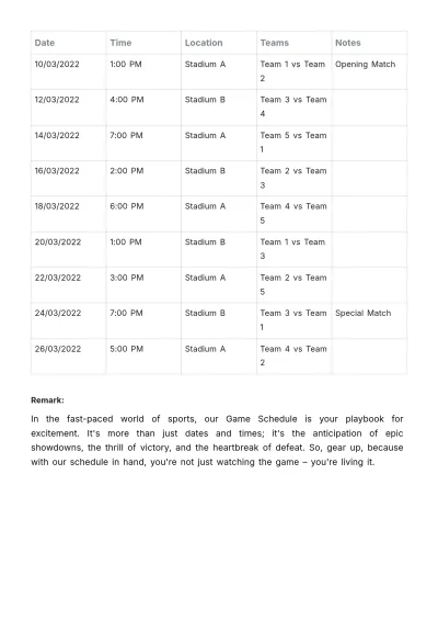Free Game Schedule Template to Edit Online