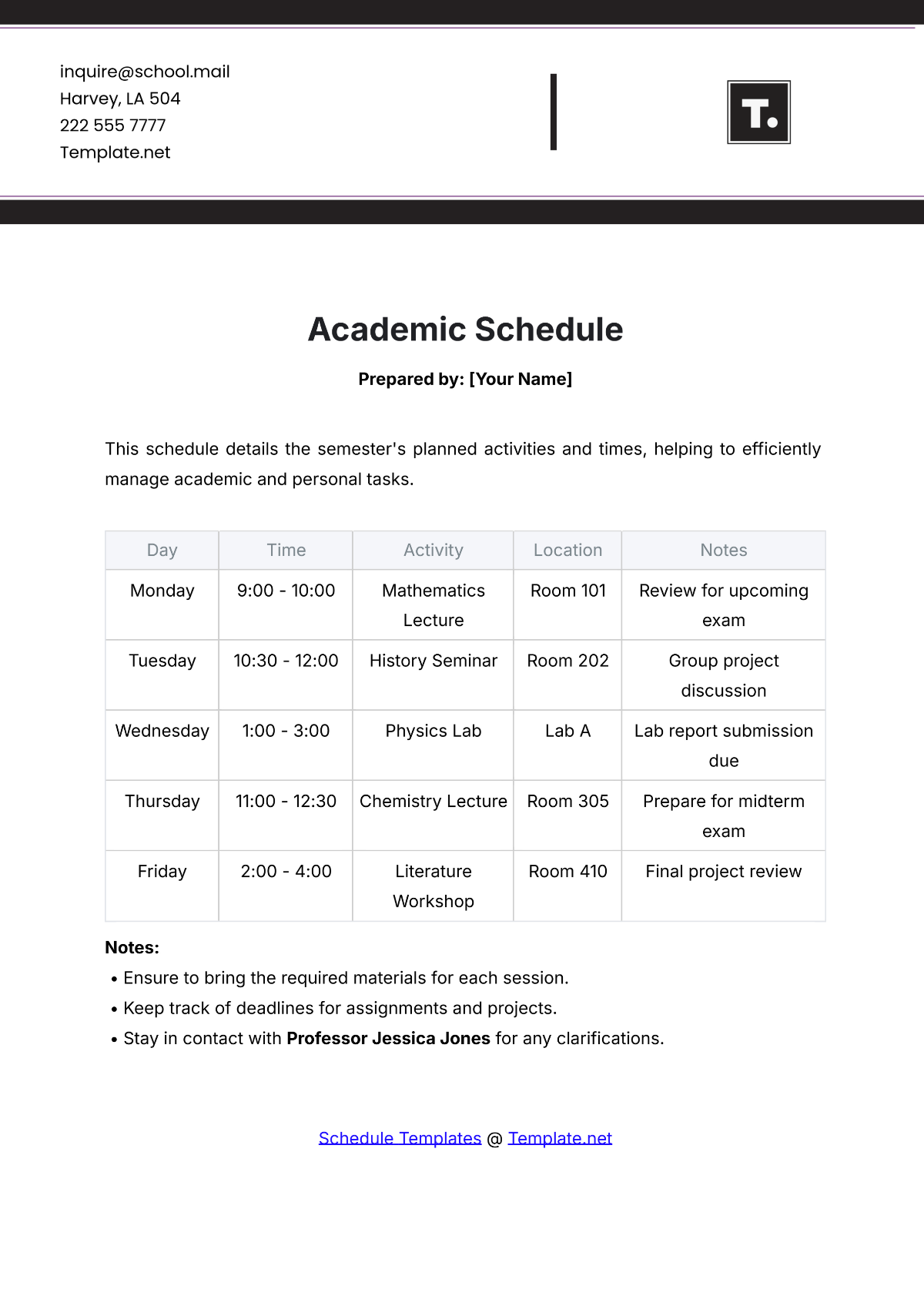 Academic Schedule Template - Edit Online & Download