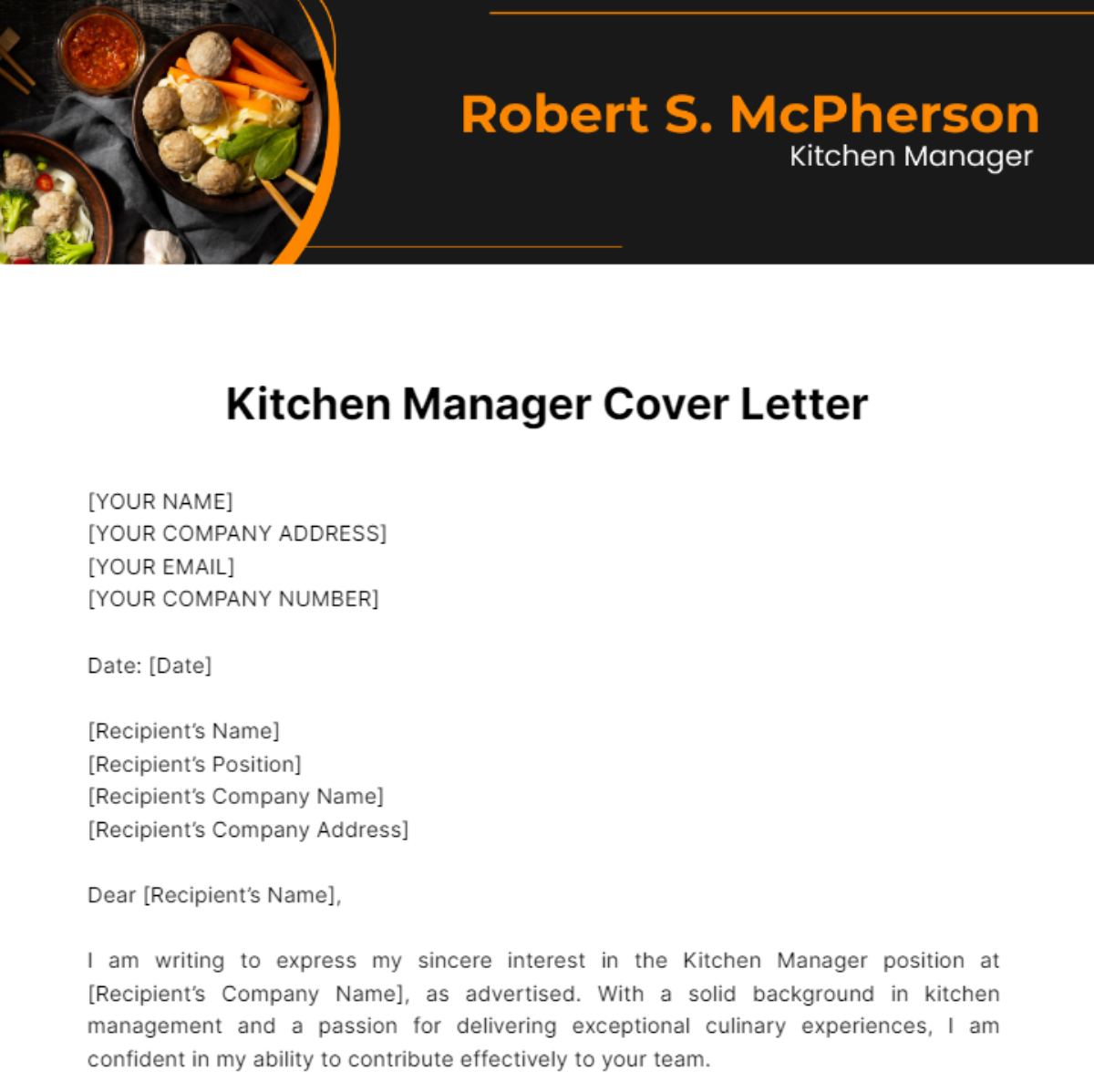 Kitchen Manager Cover Letter Template - Edit Online & Download